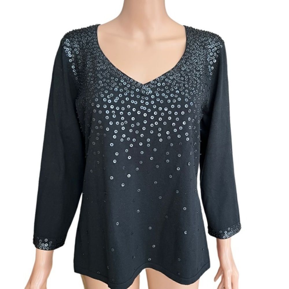 Cable & Gauge black silk blend knit sweater sequined 3/4 sleeves size S.